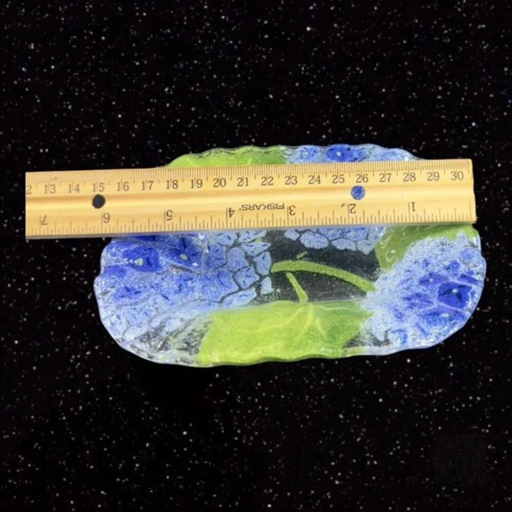 Fused Art Glass Dish Plate‎ Ruffled Edges Blue Flowers Glass Trinket Dish 6”Wide